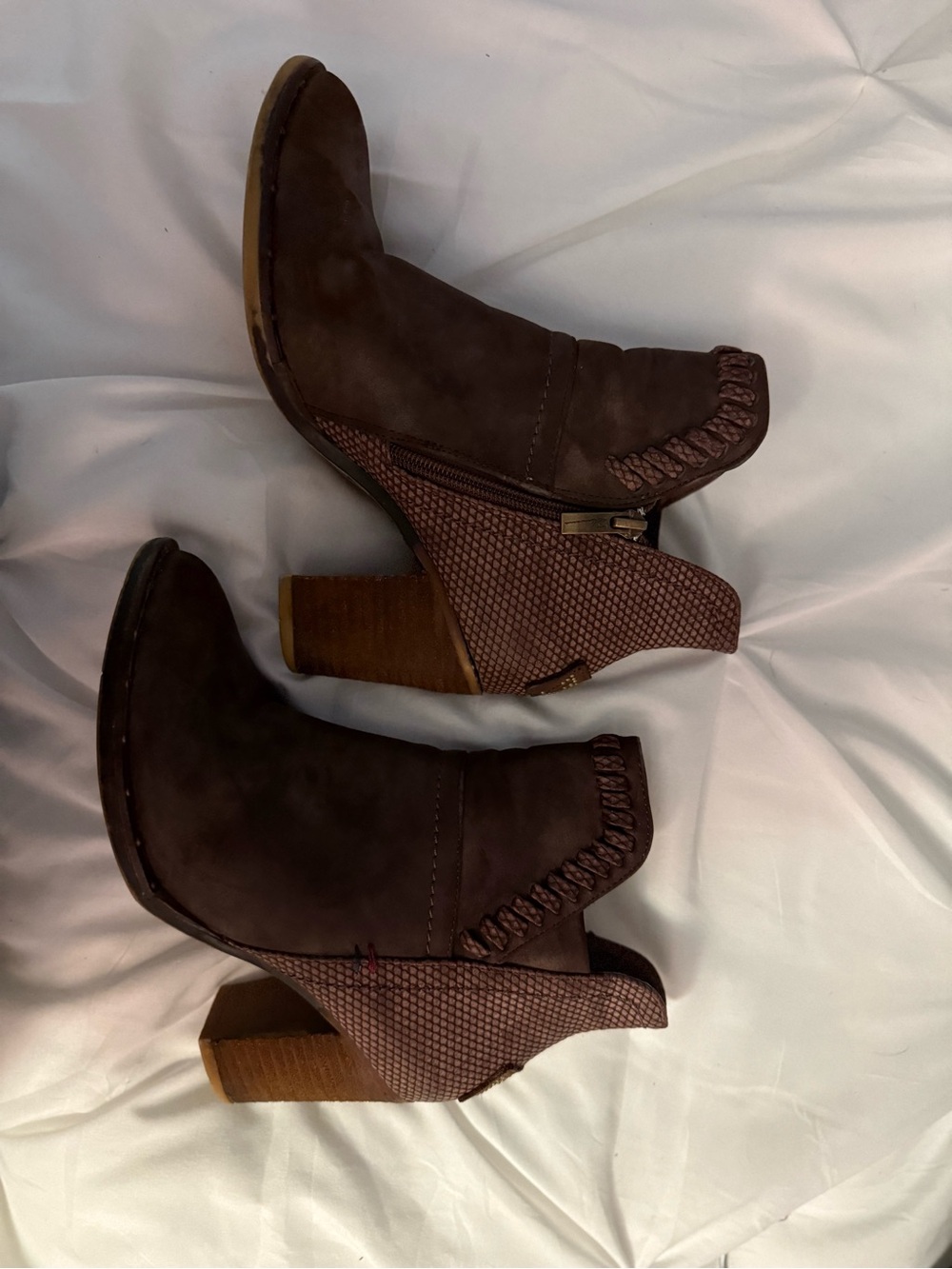 Womens Brown Suede Block Heel Ankle Booties